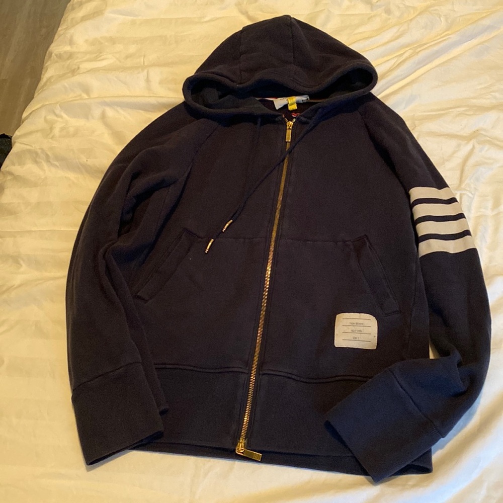 Navy blue Thom Browne zip hoodie gold zipper